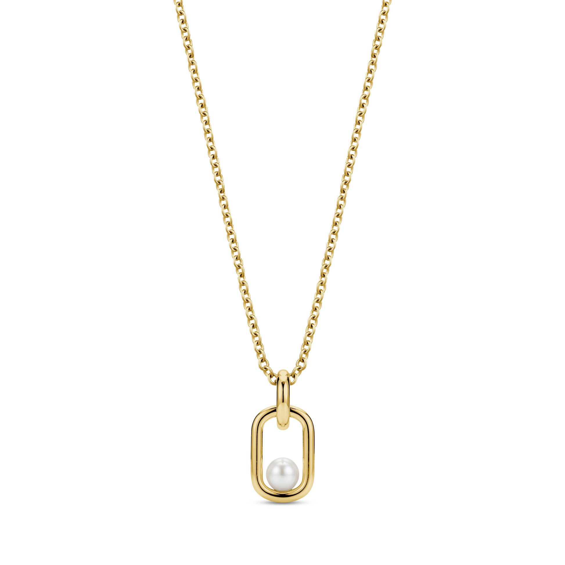 Gold stainless steel Pearl Link Signature Pendant with 5mm shell pearl on a 16-inch adjustable chain