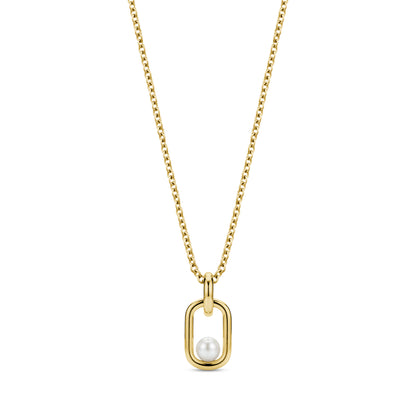 Gold stainless steel Pearl Link Signature Pendant with 5mm shell pearl on a 16-inch adjustable chain