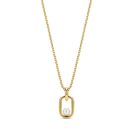 Gold stainless steel Pearl Link Signature Pendant with 5mm shell pearl on a 16-inch adjustable chain