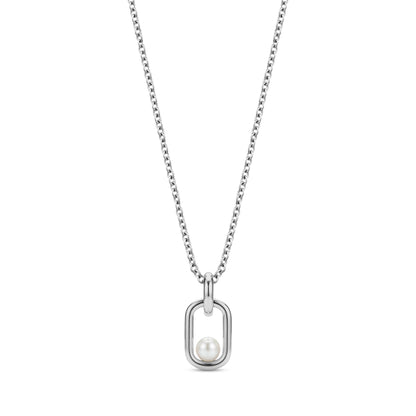 Silver stainless steel Pearl Link Signature Pendant with 5mm shell pearl on a 16-inch adjustable chain