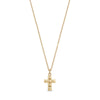 14k gold-tone mini diamond cut cross pendant necklace with faceted pyramid-stud texture on thin cable chain, 17 inch plus 1 inch extender