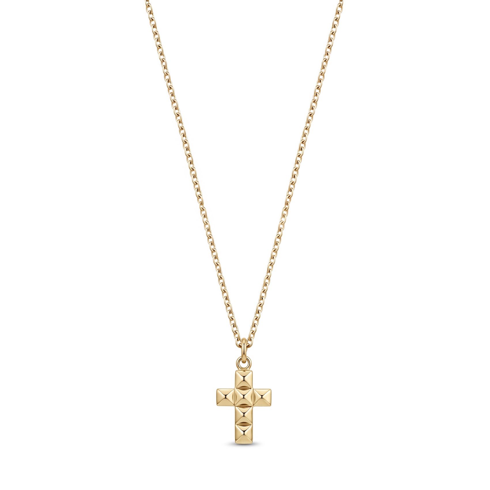 14k gold-tone mini diamond cut cross pendant necklace with faceted pyramid-stud texture on thin cable chain, 17 inch plus 1 inch extender