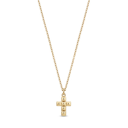 14k gold-tone mini diamond cut cross pendant necklace with faceted pyramid-stud texture on thin cable chain, 17 inch plus 1 inch extender