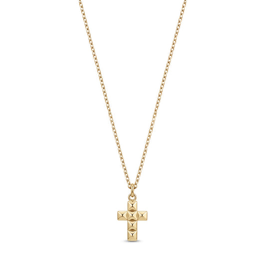 14k gold-tone mini diamond cut cross pendant necklace with faceted pyramid-stud texture on thin cable chain, 17 inch plus 1 inch extender
