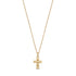 14k gold-tone mini diamond cut cross pendant necklace with faceted pyramid-stud texture on thin cable chain, 17 inch plus 1 inch extender
