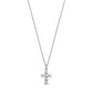 Sterling silver mini diamond cut cross pendant necklace with faceted pyramid-stud texture on thin cable chain, 17 inch plus 1 inch extender