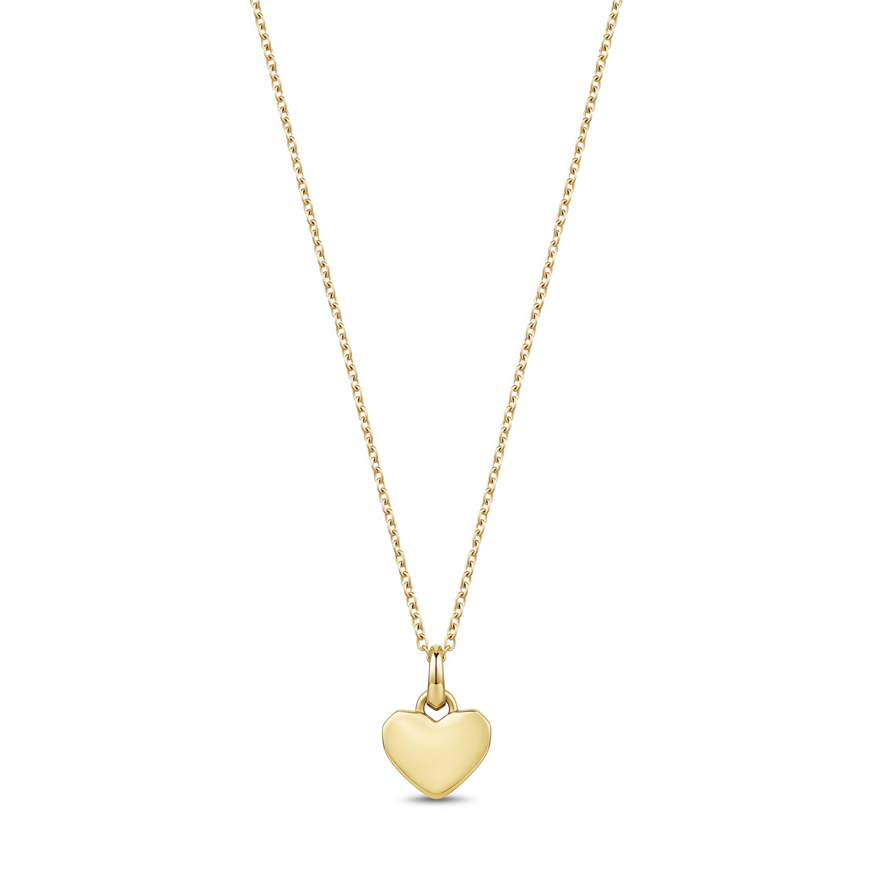 Close-up of gold sculpted heart pendant showing smooth engravable back