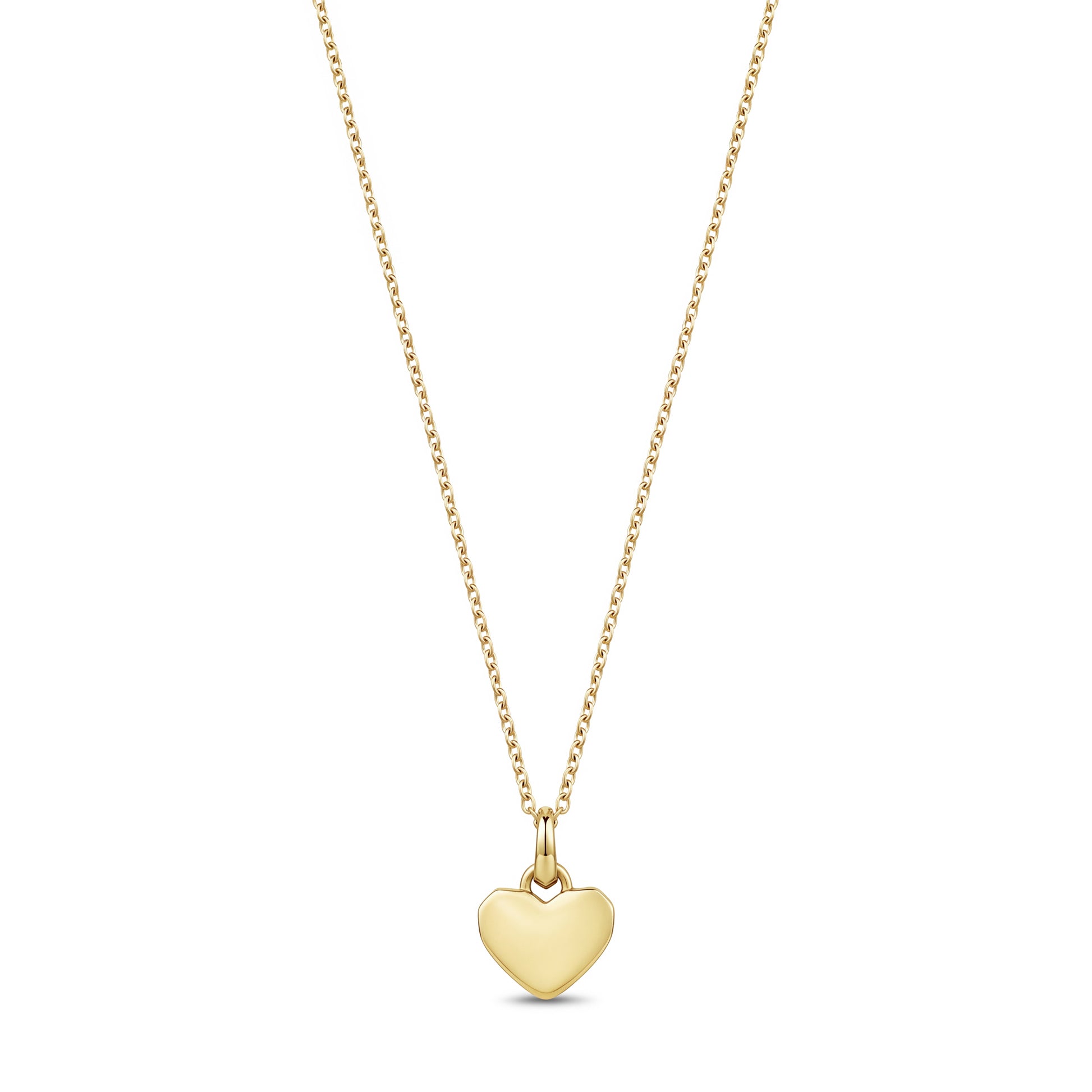 Close-up of gold sculpted heart pendant showing smooth engravable back