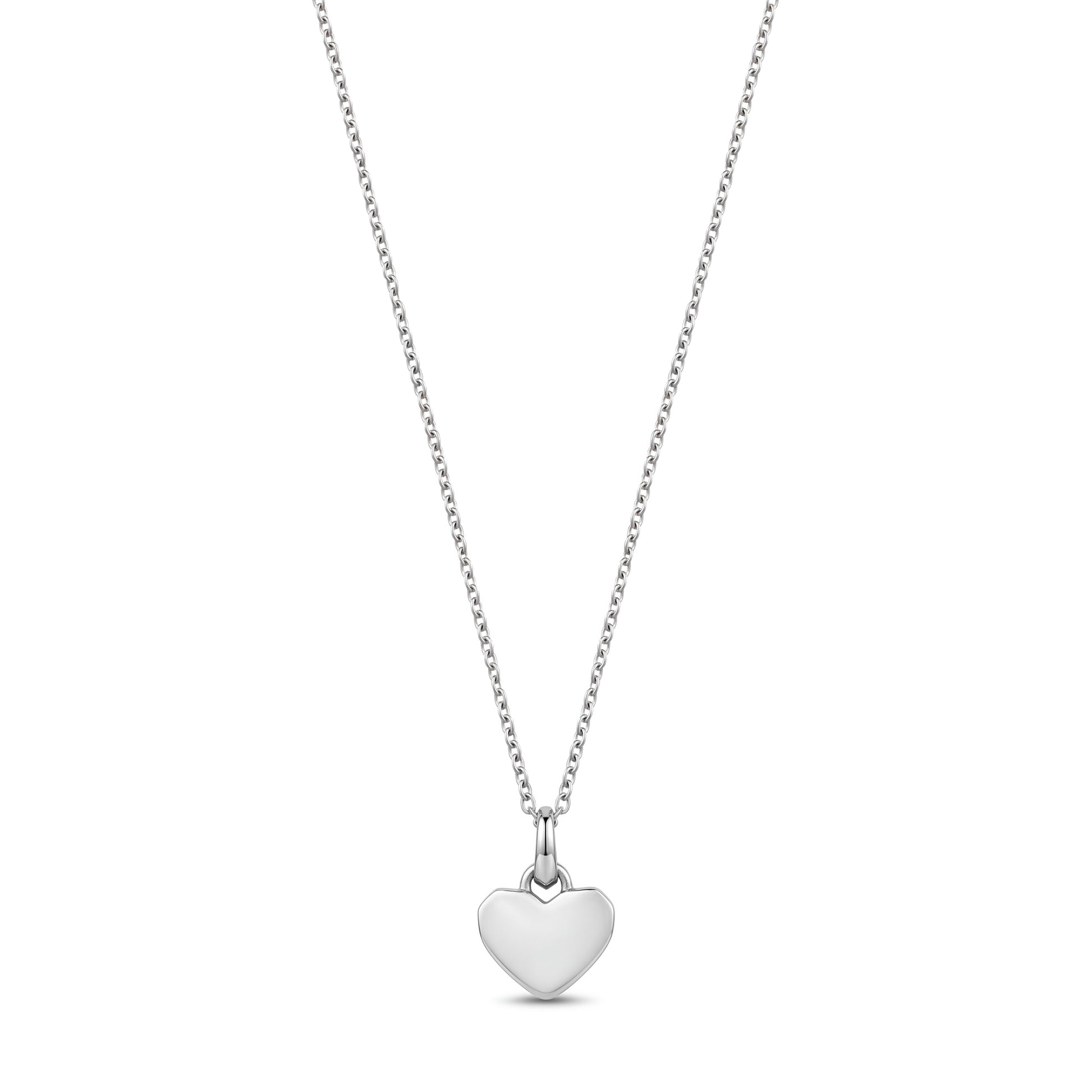 Close-up of silver sculpted heart pendant showing smooth engravable back