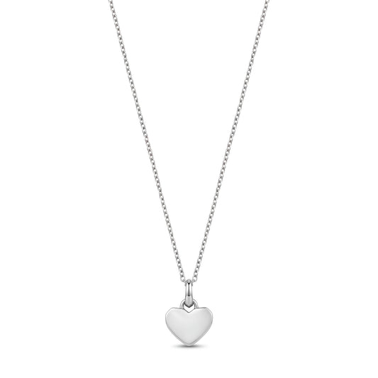 Close-up of silver sculpted heart pendant showing smooth engravable back