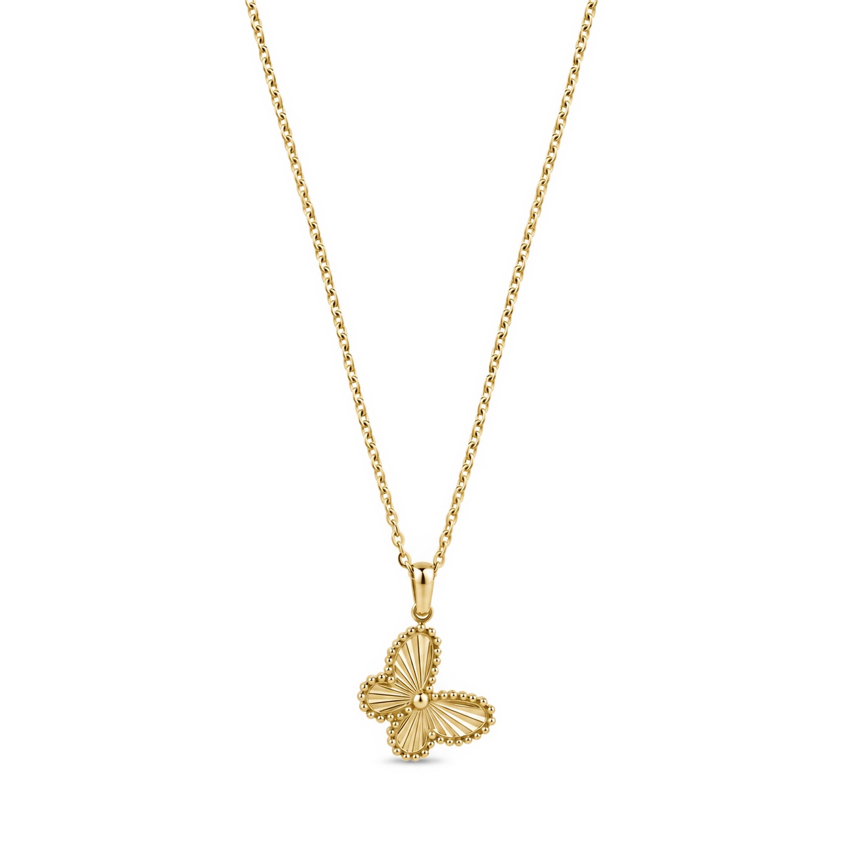 Gold stainless steel butterfly pendant necklace with cubic zirconia stones on a fine chain