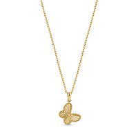 Gold stainless steel butterfly pendant necklace with cubic zirconia stones on a fine chain