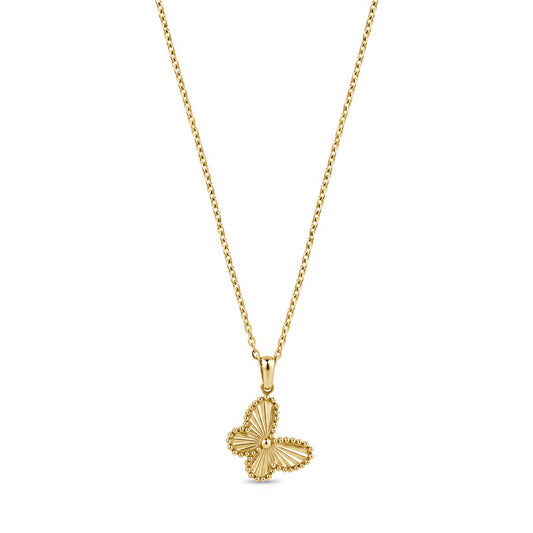 Gold stainless steel butterfly pendant necklace with cubic zirconia stones on a fine chain