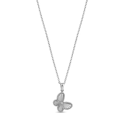 Silver stainless steel butterfly pendant necklace with cubic zirconia stones on a fine chain