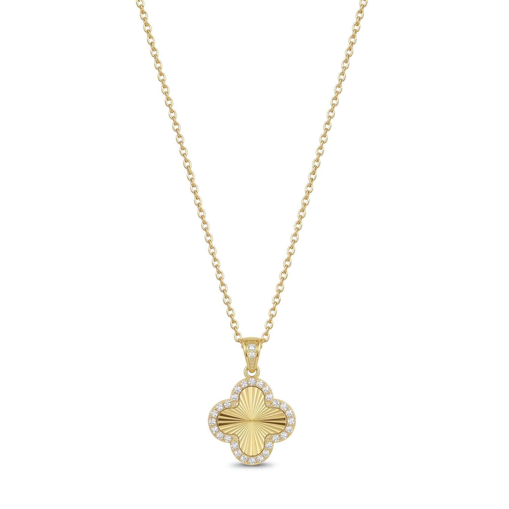 Gold stainless steel four-leaf clover pendant necklace fully set with cubic zirconia stones, front view