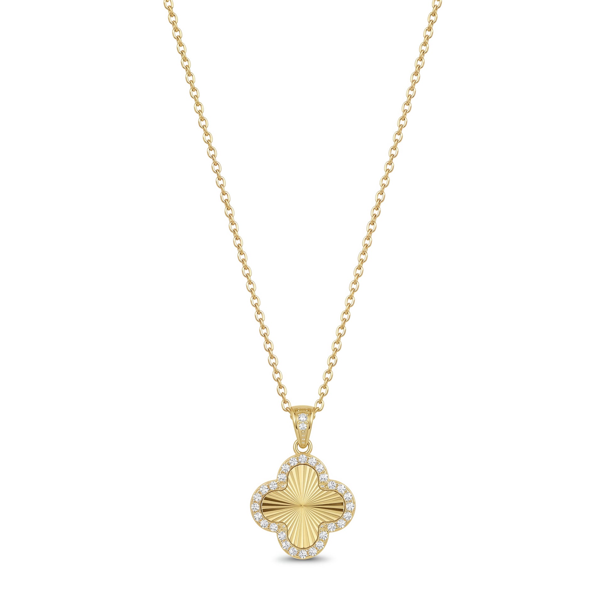 Gold stainless steel four-leaf clover pendant necklace fully set with cubic zirconia stones, front view