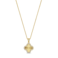 Gold stainless steel four-leaf clover pendant necklace fully set with cubic zirconia stones, front view