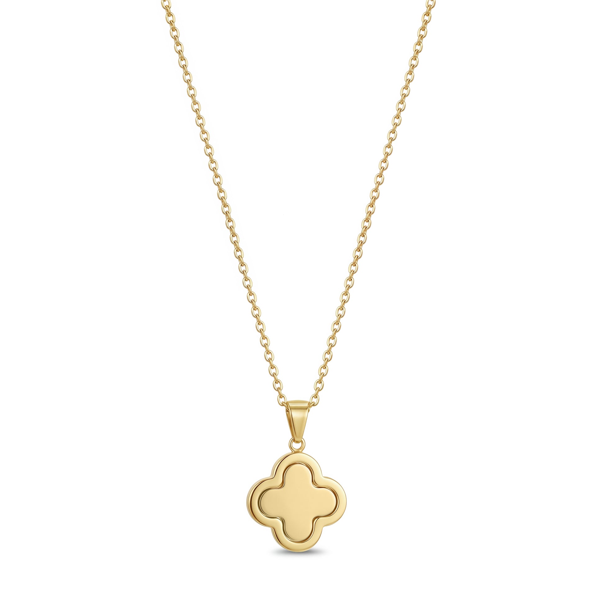 Close-up of gold cubic zirconia clover pendant showing stone detail and engravable back plate