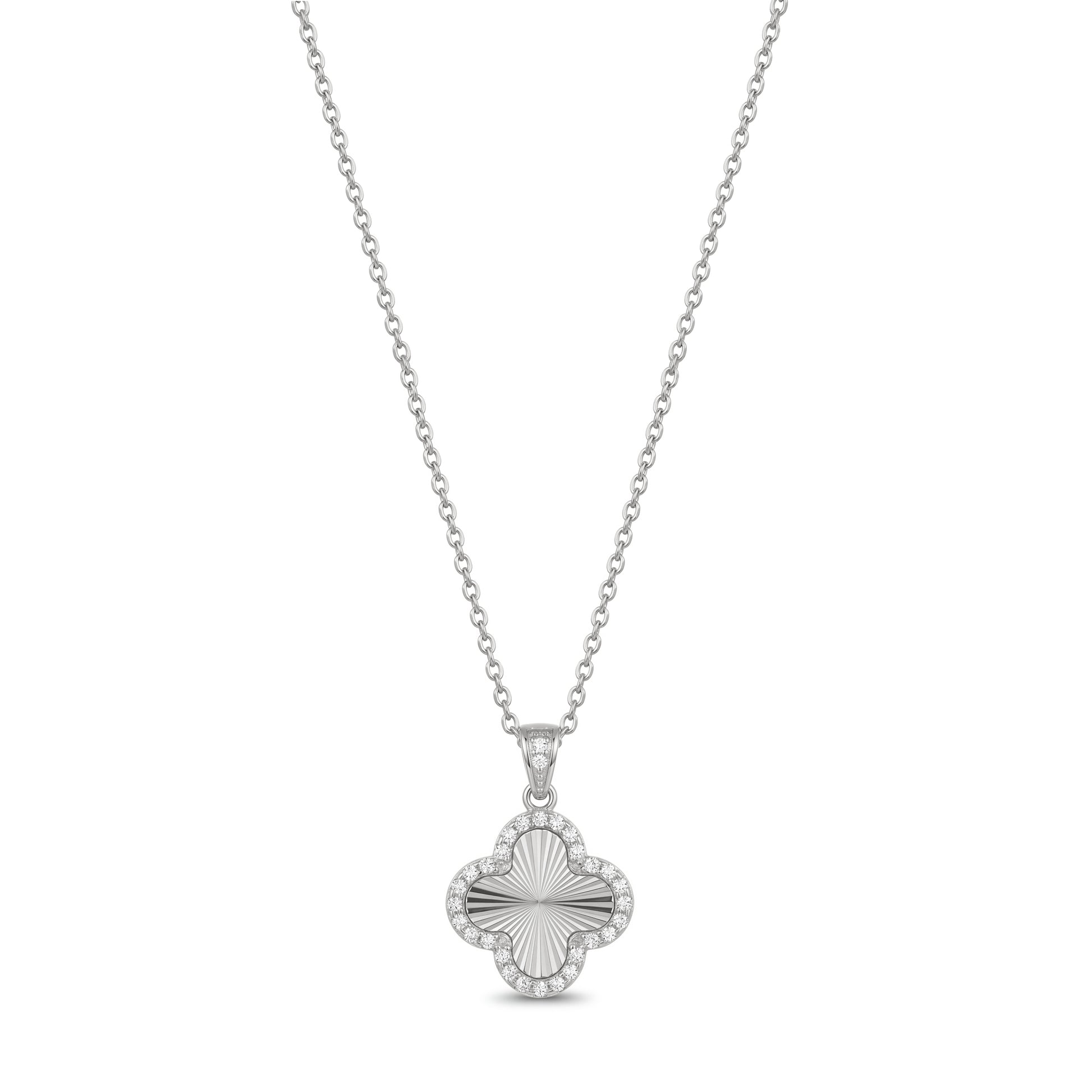 Silver stainless steel four-leaf clover pendant necklace fully set with cubic zirconia stones, front view