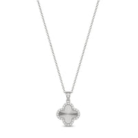 Silver stainless steel four-leaf clover pendant necklace fully set with cubic zirconia stones, front view