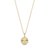 Gold stainless steel round pendant necklace fully set with cubic zirconia stones, front view