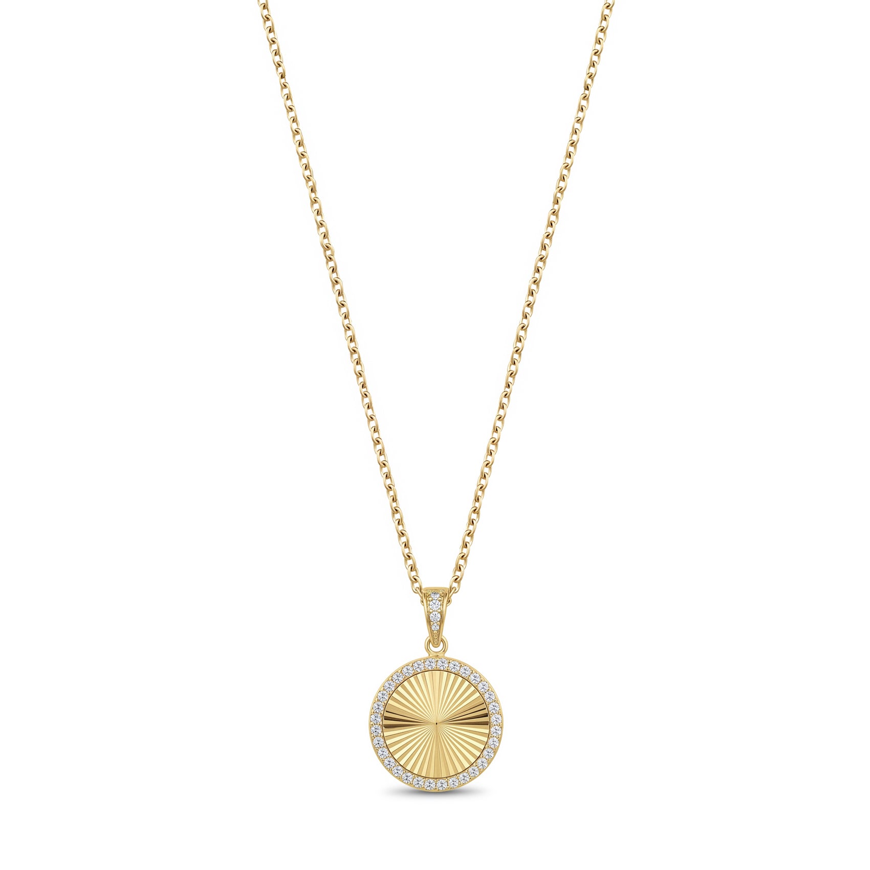 Gold stainless steel round pendant necklace fully set with cubic zirconia stones, front view