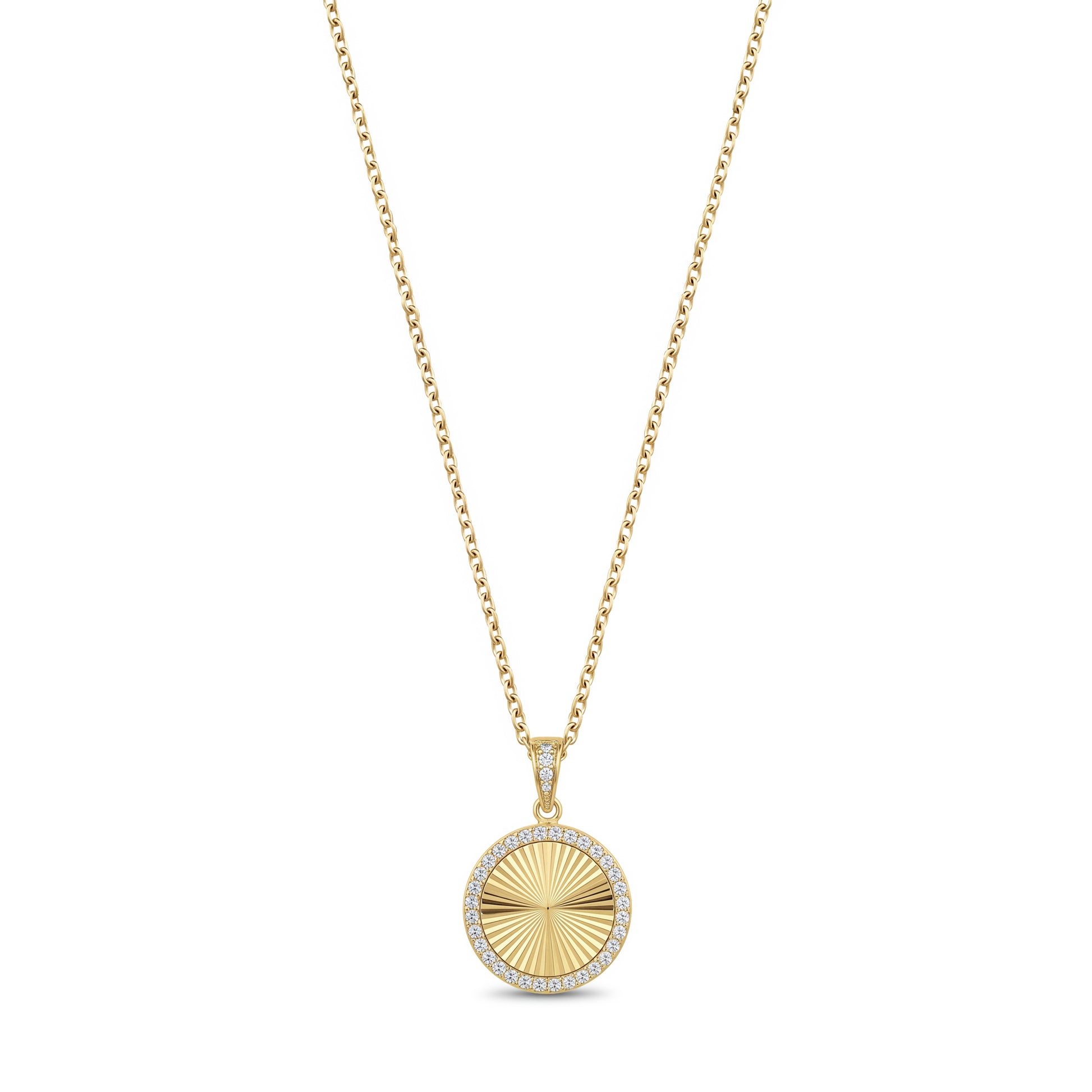 Gold stainless steel round pendant necklace fully set with cubic zirconia stones, front view