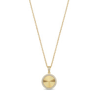 Gold stainless steel round pendant necklace fully set with cubic zirconia stones, front view