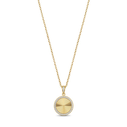 Gold stainless steel round pendant necklace fully set with cubic zirconia stones, front view