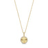 Gold stainless steel round pendant necklace fully set with cubic zirconia stones, front view