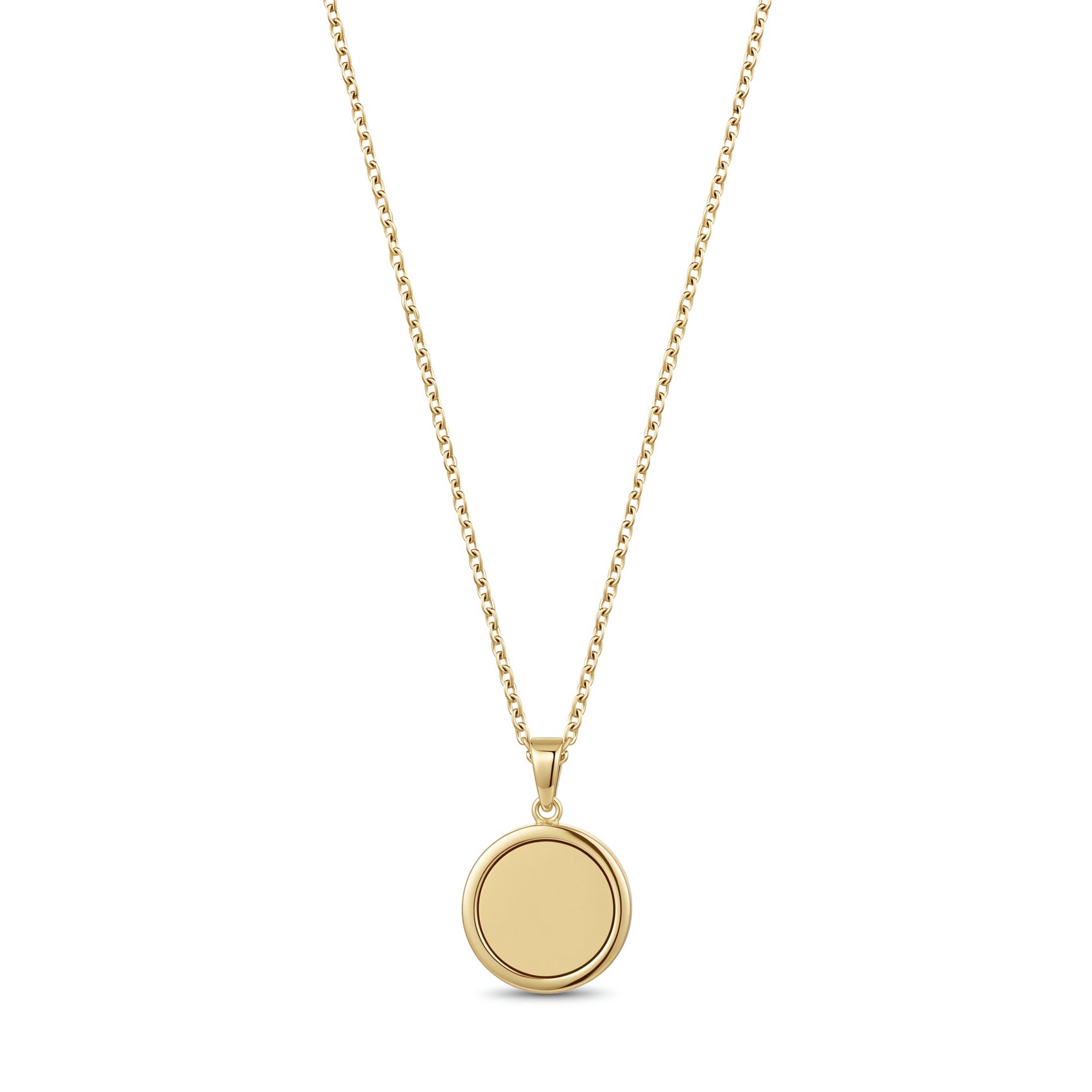 Close-up of gold cubic zirconia round pendant showing stone detail and engravable back plate