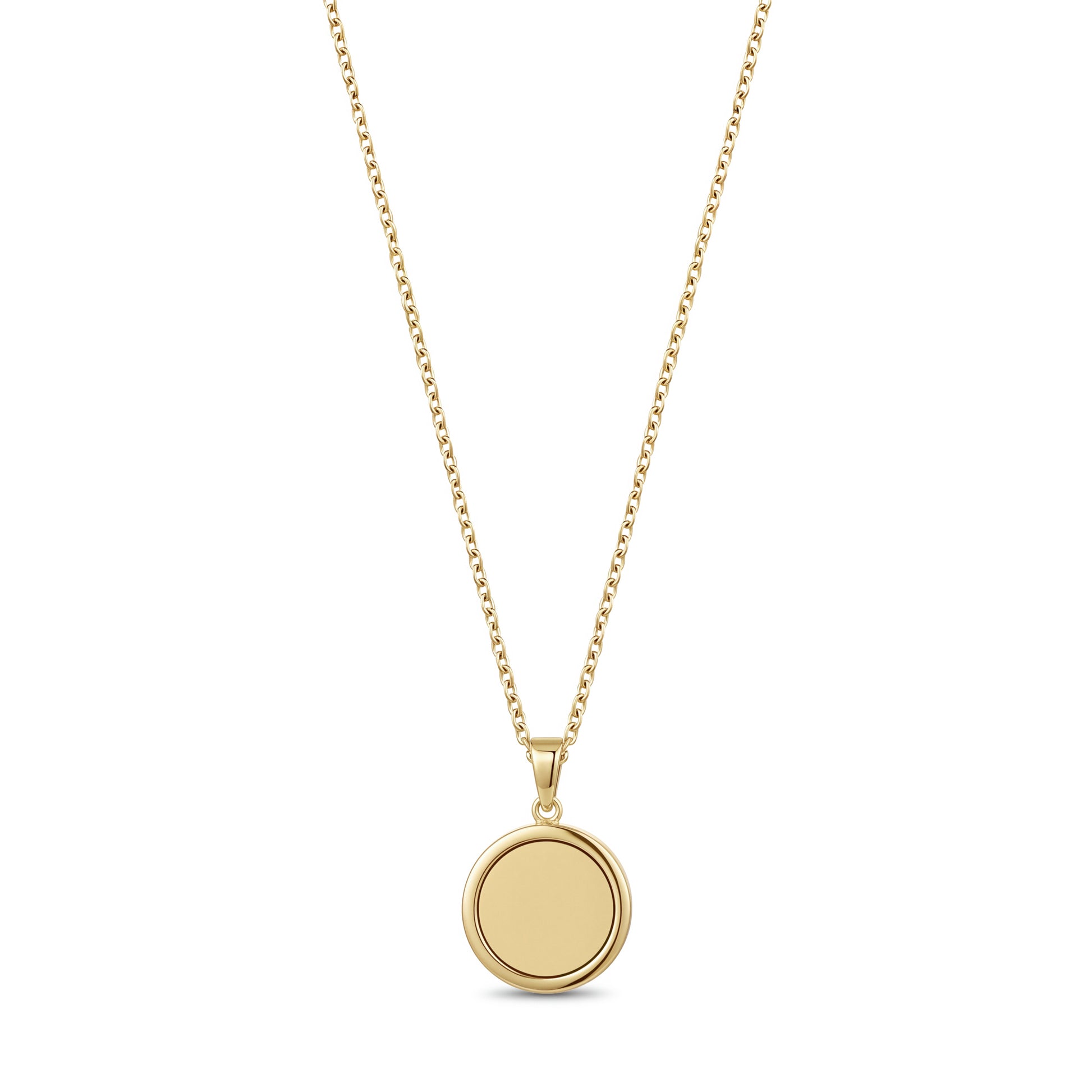 Close-up of gold cubic zirconia round pendant showing stone detail and engravable back plate