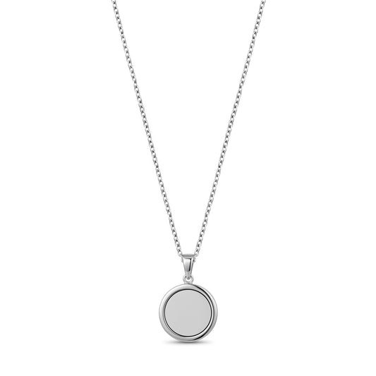 Silver stainless steel round pendant necklace fully set with cubic zirconia stones, front view