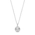 Close-up of silver cubic zirconia round pendant showing stone detail and engravable back plate