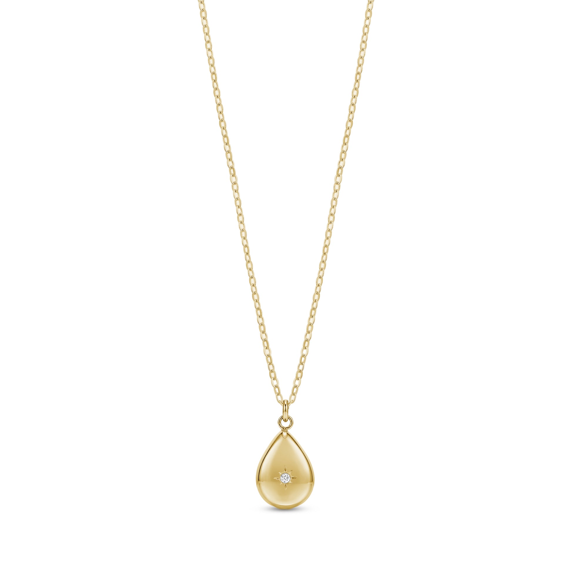 Gold celestial teardrop pendant necklace with crystal detail on a fine chain