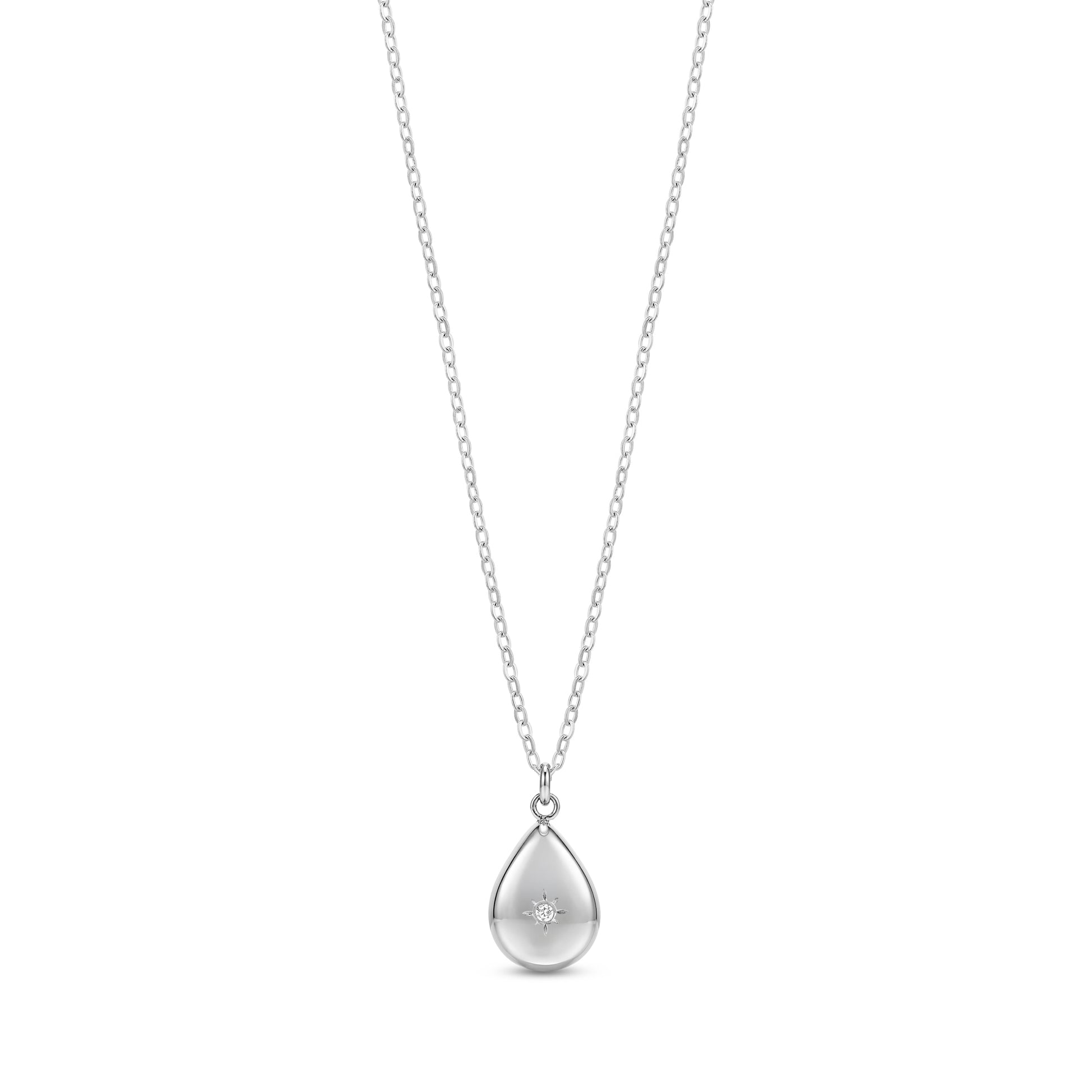 Silver celestial teardrop pendant necklace with crystal detail on a fine chain