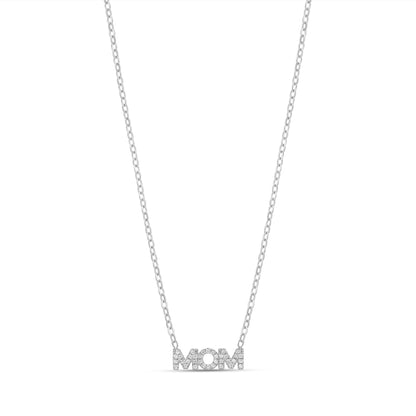 MOM pavé name necklace with cubic zirconia stones on a delicate silver chain
