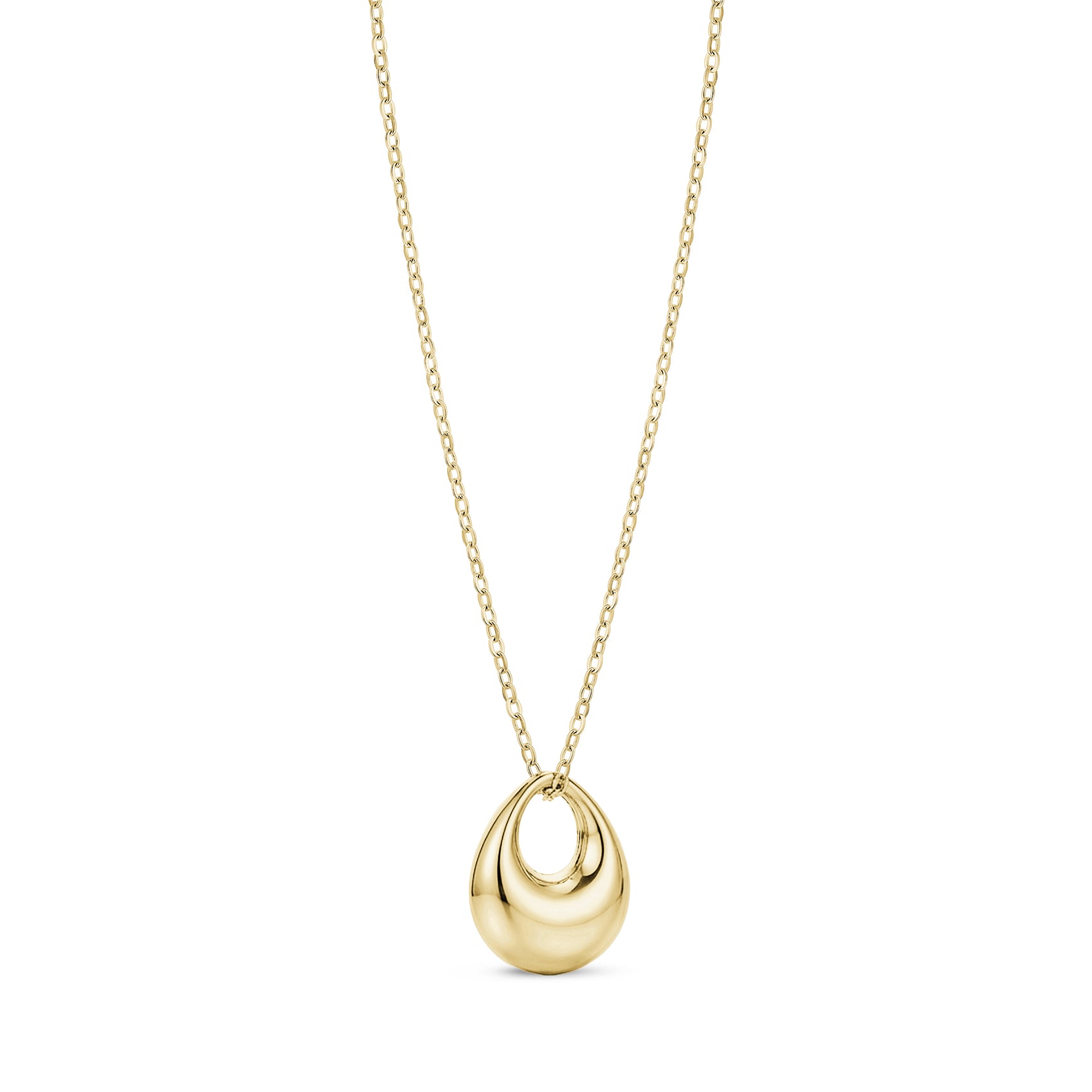 Gold stainless steel orbit pendant necklace with polished teardrop design on delicate chain