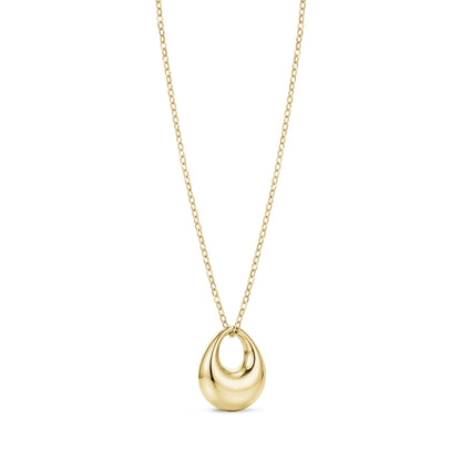 Gold stainless steel orbit pendant necklace with polished teardrop design on delicate chain