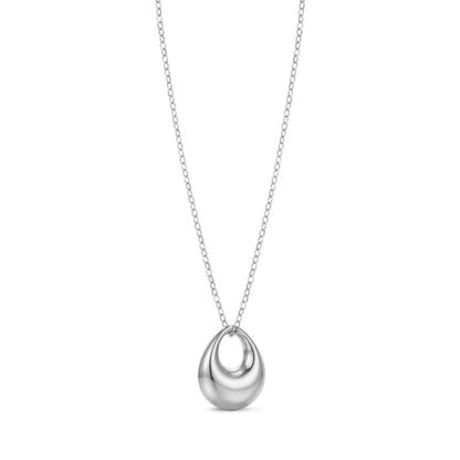 Silver stainless steel orbit pendant necklace with polished teardrop design on delicate chain