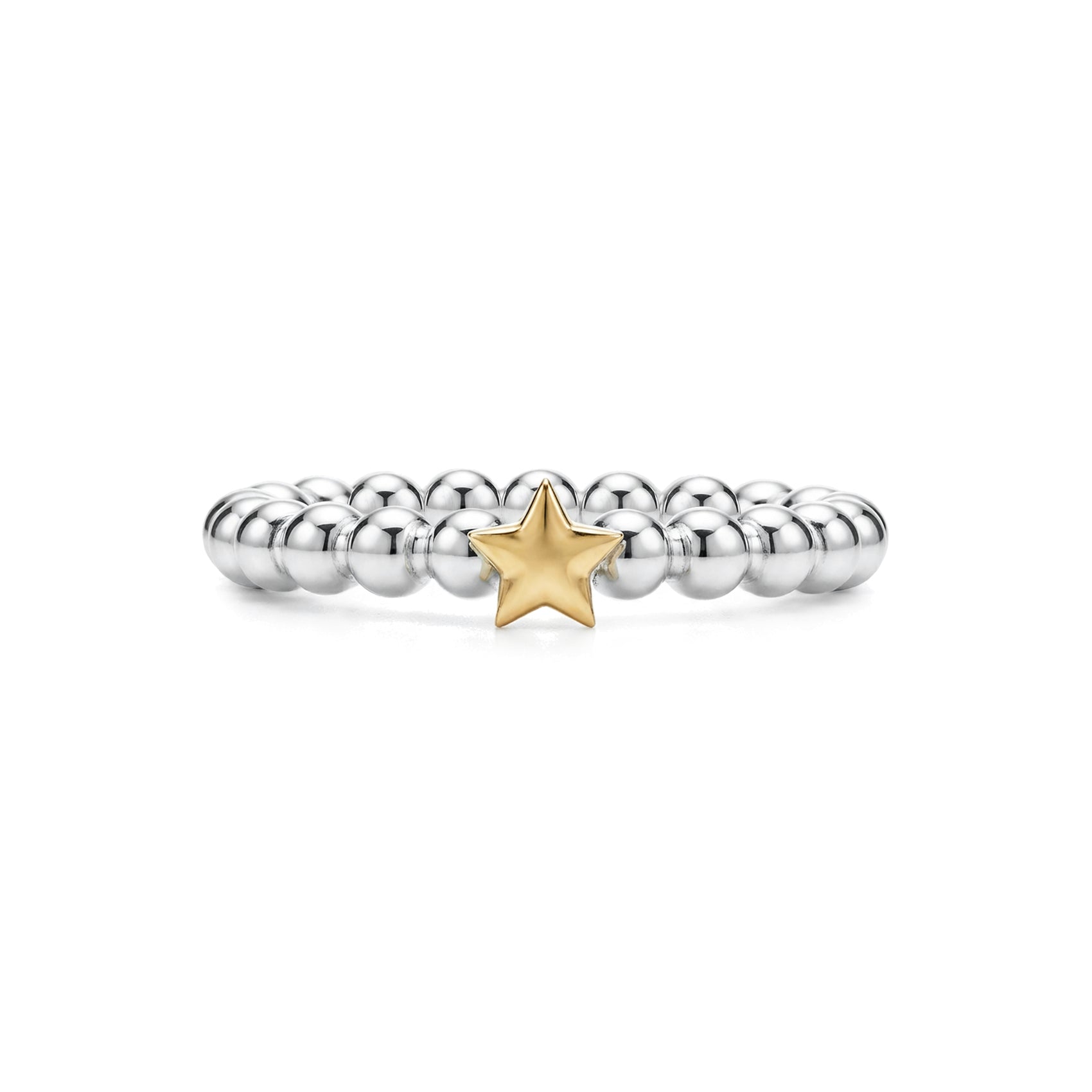 Side view of a polished beaded stainless steel ring with a small gold star detail