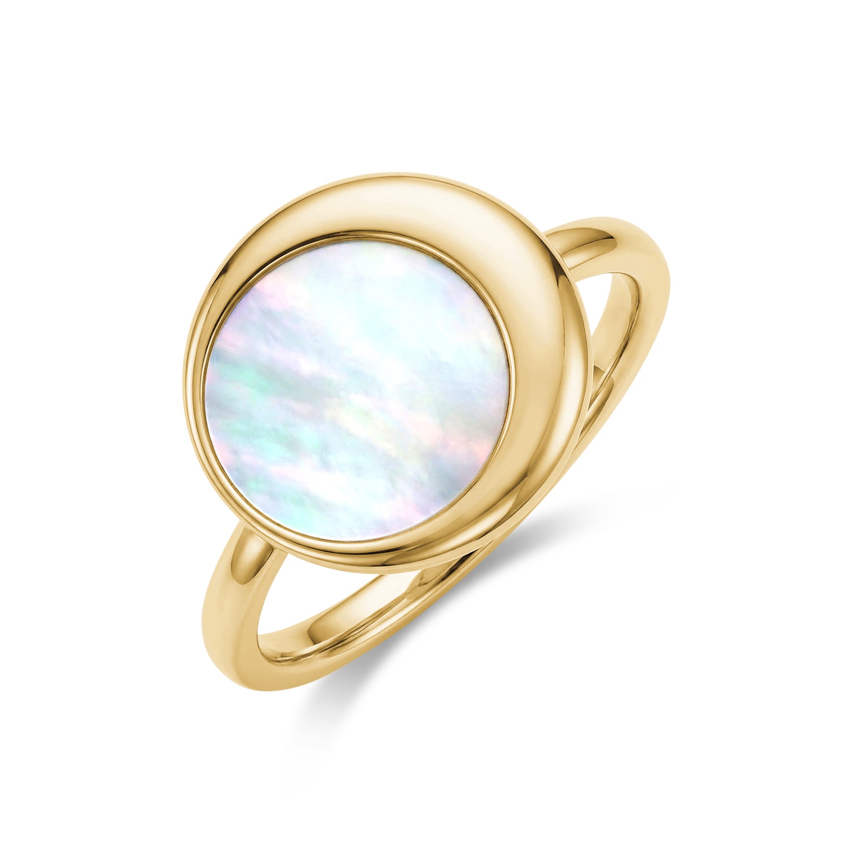 Close-up side perspective of Moonlight Mother of Pearl ring in gold-tone with round pearl center and polished band