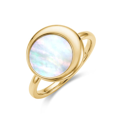 Close-up side perspective of Moonlight Mother of Pearl ring in gold-tone with round pearl center and polished band