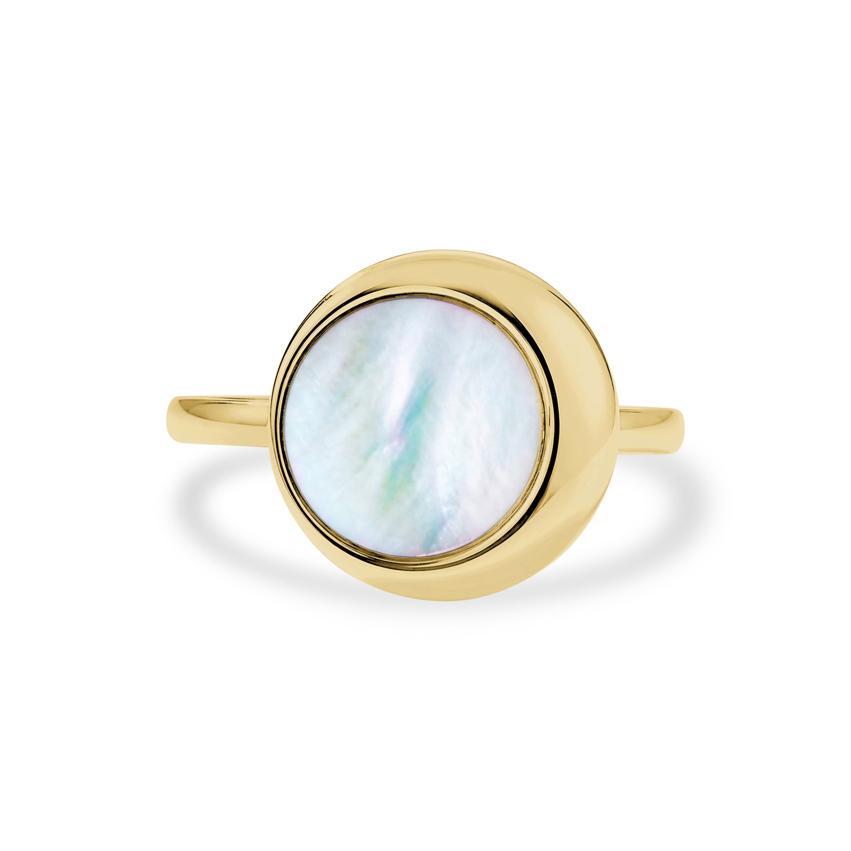 Front view of gold-tone Moonlight Mother of Pearl women's ring featuring iridescent round pearl on slim band