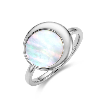 Close-up side perspective of Moonlight Mother of Pearl ring showing round iridescent pearl and polished stainless steel band