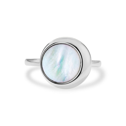 Front view of Moonlight Mother of Pearl women's ring with glowing mother of pearl center on stainless steel band