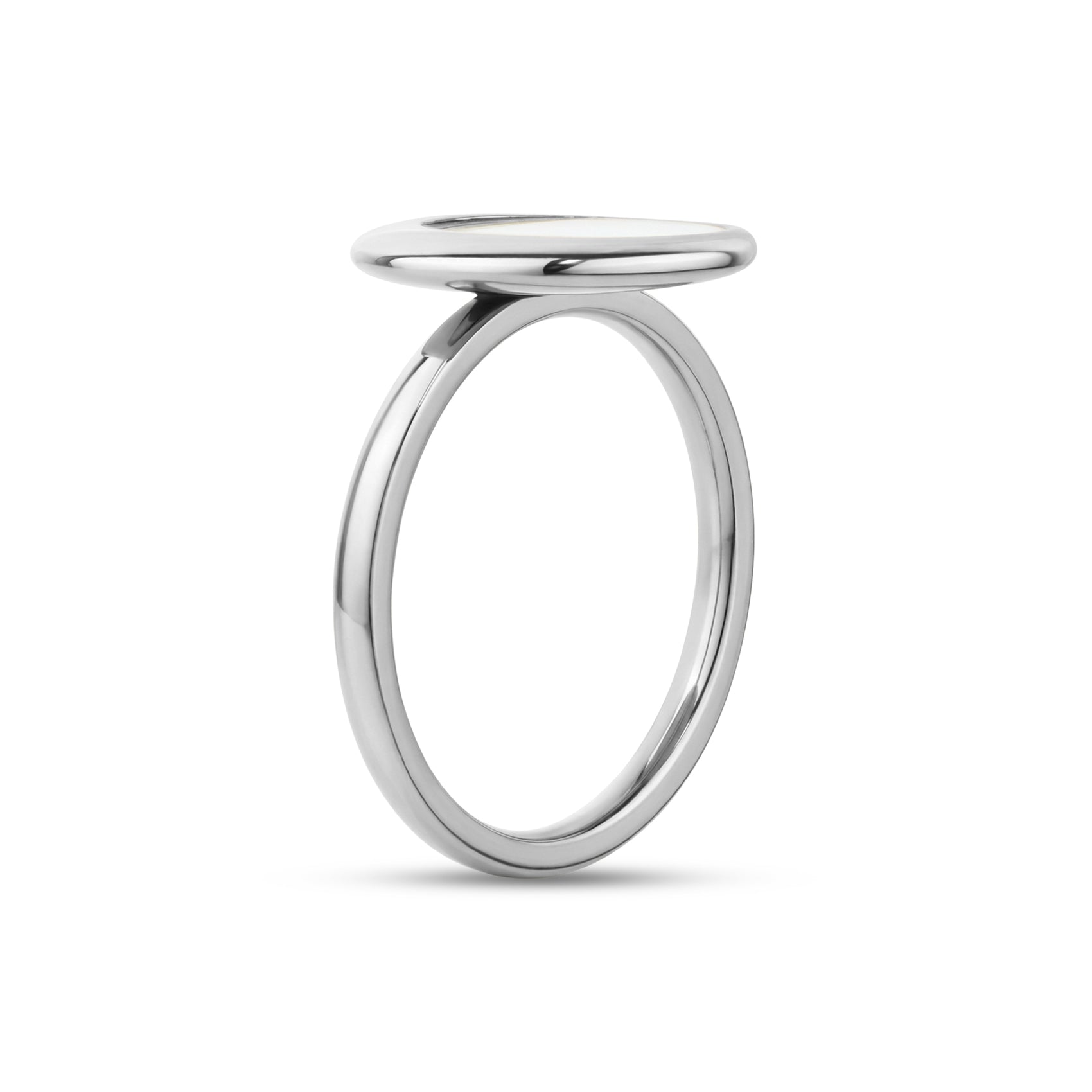 Side profile of stainless steel Moonlight Mother of Pearl ring highlighting thin 2mm band and setting height