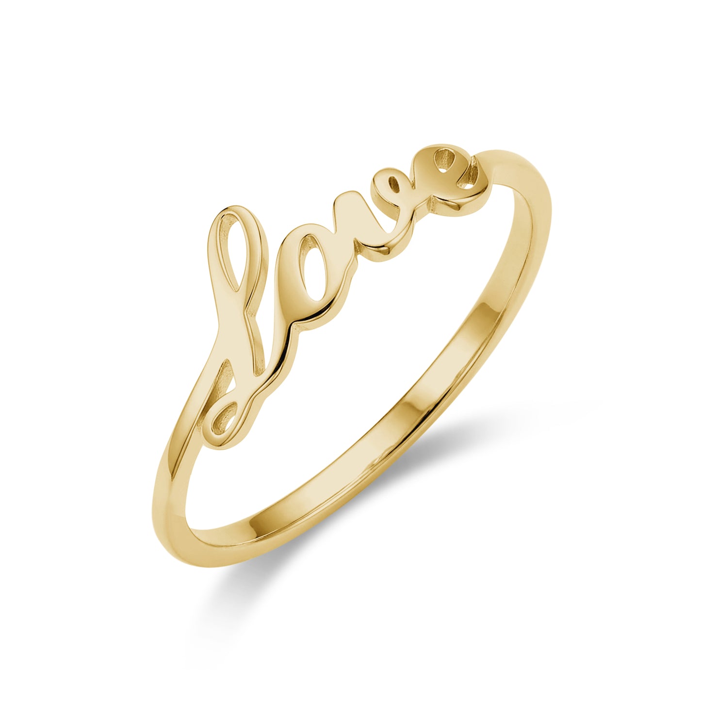Close-up slanted view of a gold minimal love script ring on a white background