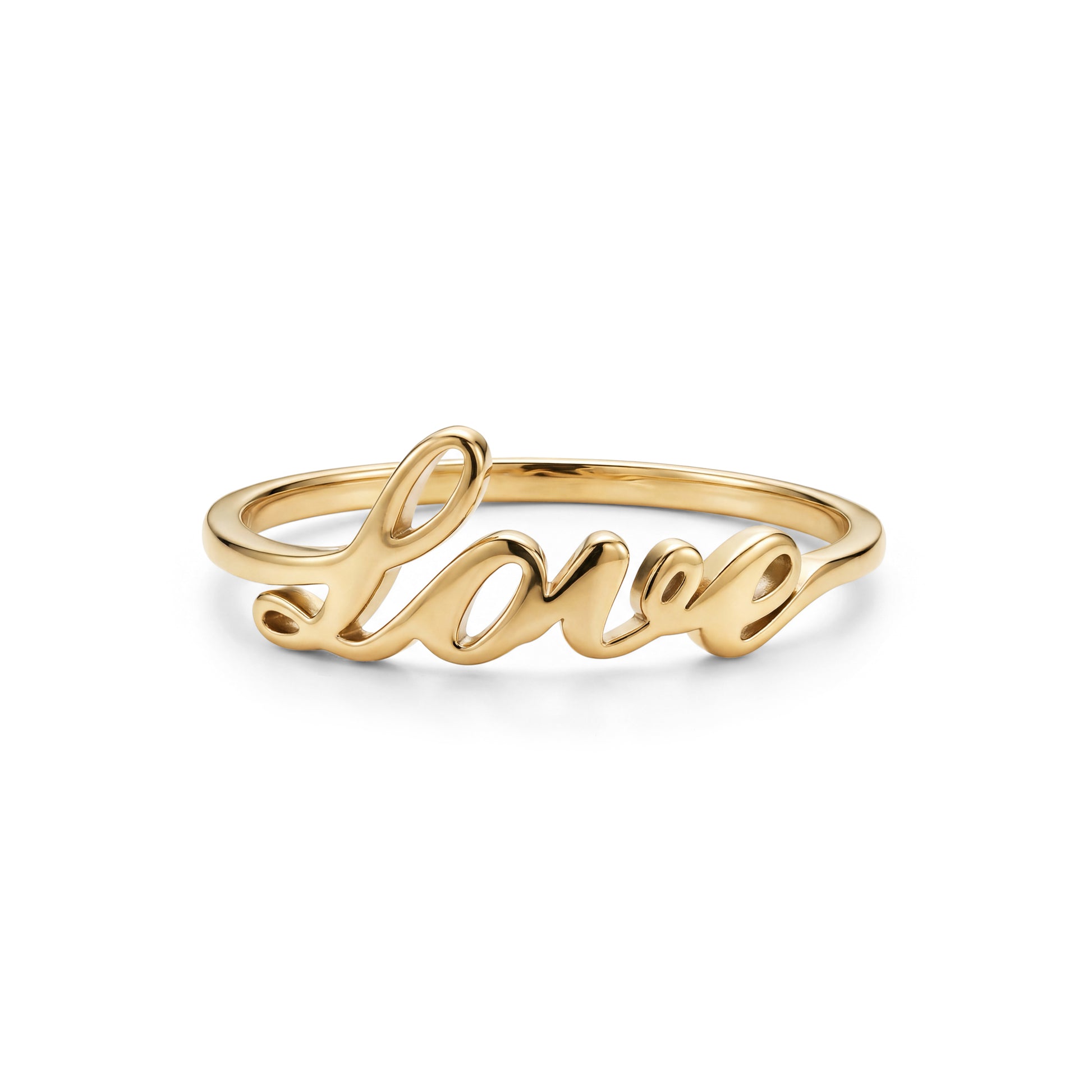 Front view of gold love script ring laying flat on a white surface