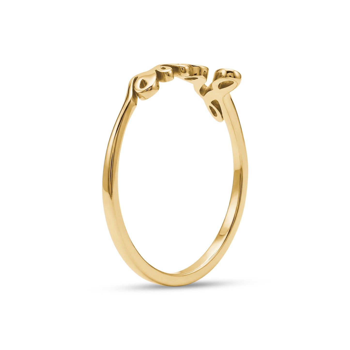 Side profile view of gold love script ring showing band thickness and letter detail